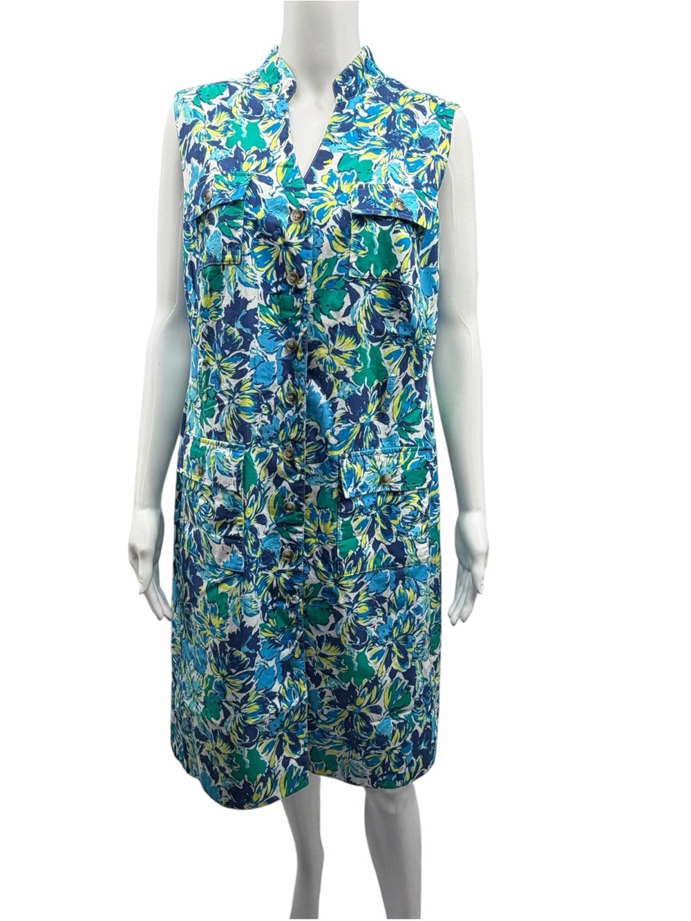 Alex Marie Sleeveless Floral Utility Midi Shirtdress Blue Green